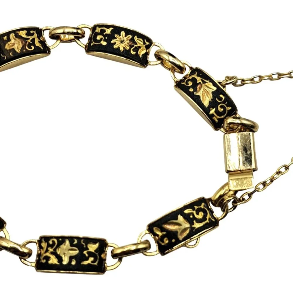 Vintage Damascene Bracelet Panel Links Leaves and Vines Design Safety Chain Cost